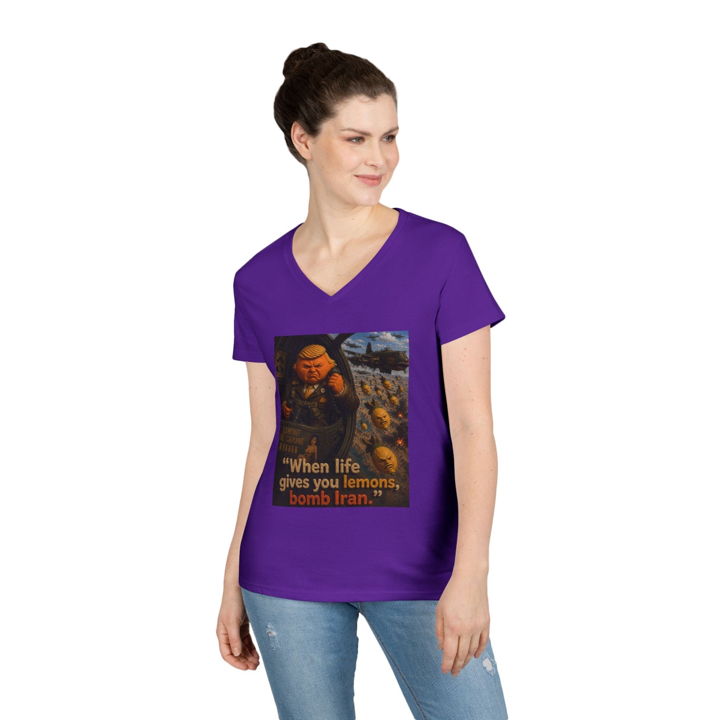 Political Satire V-Neck Tee — "When Life Gives You Lemons, Bomb Iran"