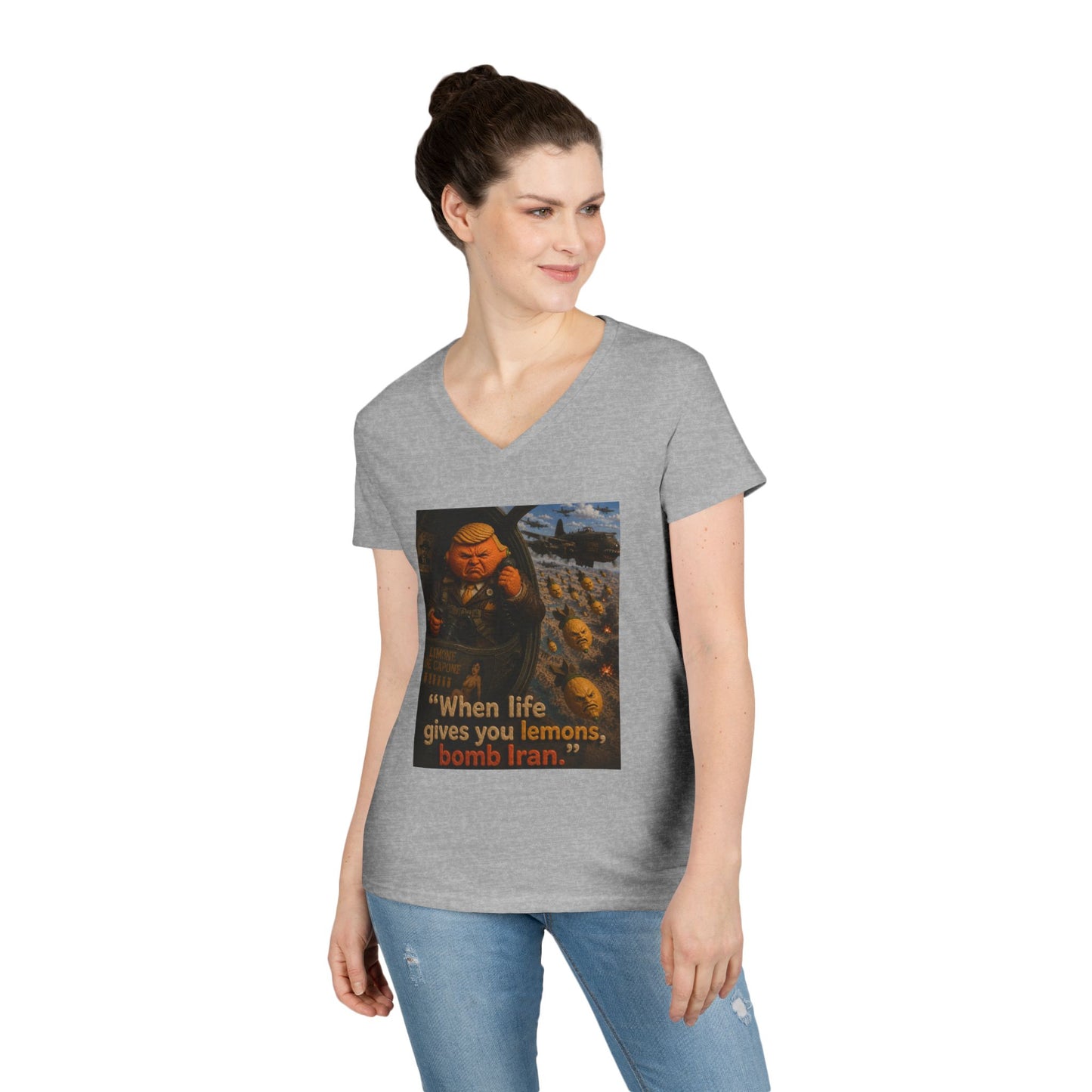 Political Satire V-Neck Tee — "When Life Gives You Lemons, Bomb Iran"