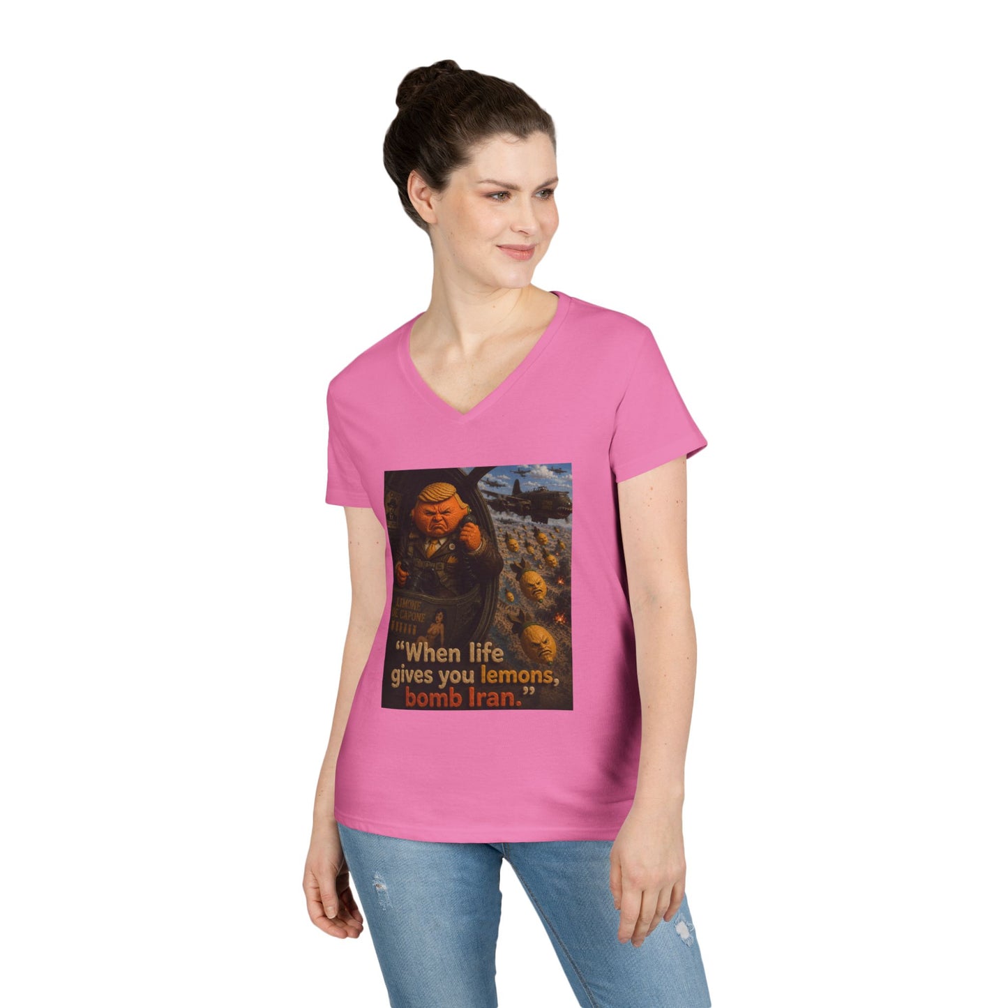 Political Satire V-Neck Tee — "When Life Gives You Lemons, Bomb Iran"