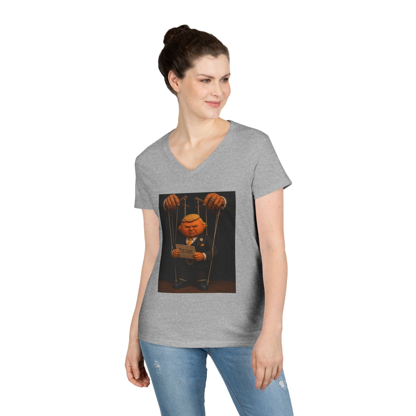 Ladies' V-Neck T-Shirt — Political Puppet Marionette Graphic Tee