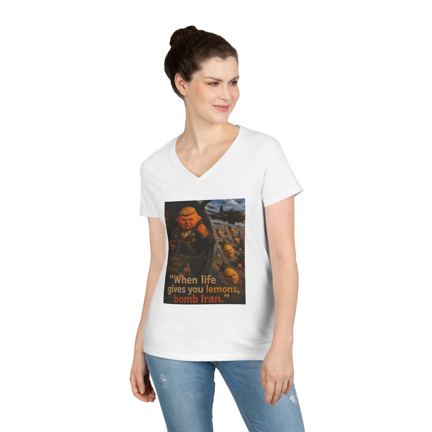 Political Satire V-Neck Tee — "When Life Gives You Lemons, Bomb Iran"