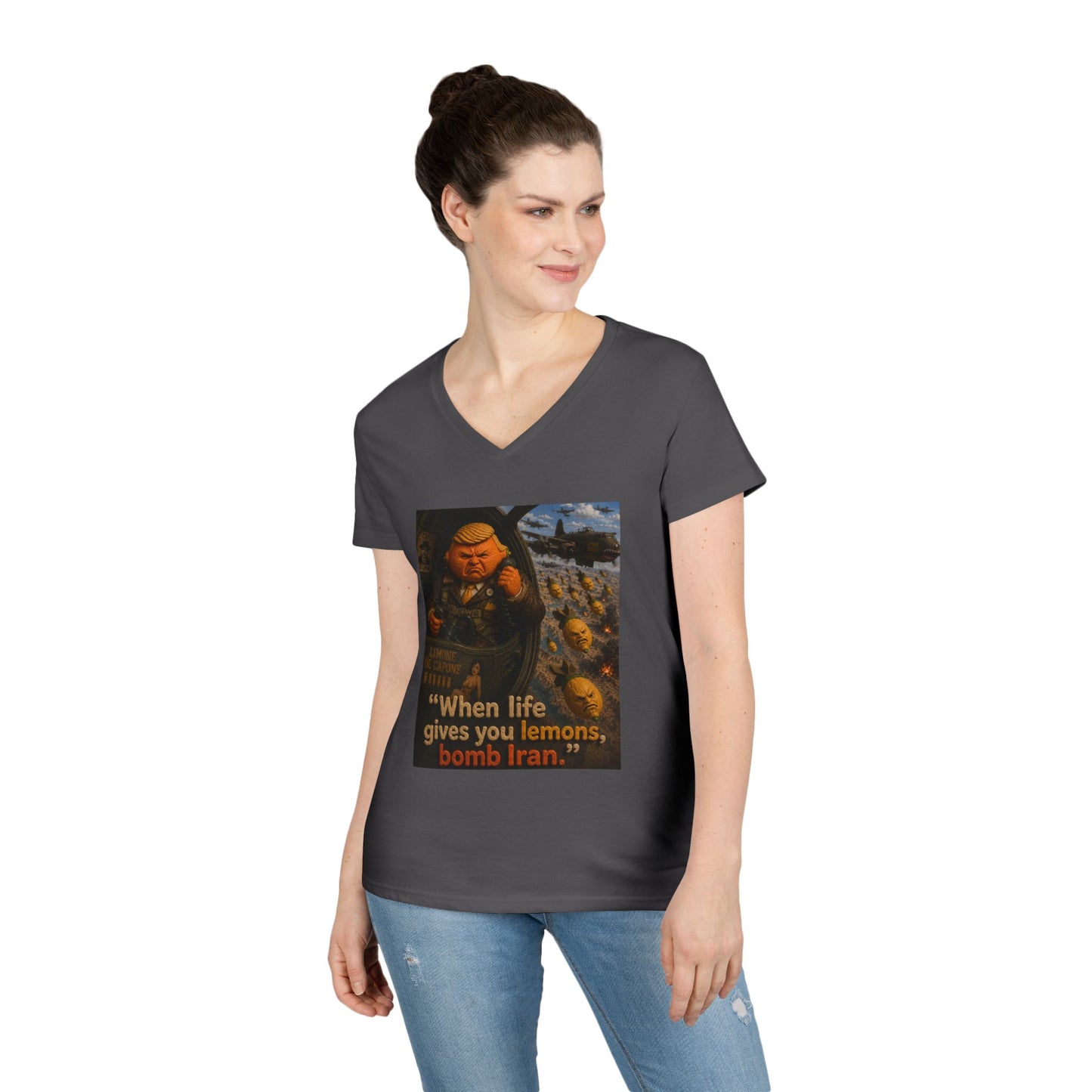 Political Satire V-Neck Tee — "When Life Gives You Lemons, Bomb Iran"
