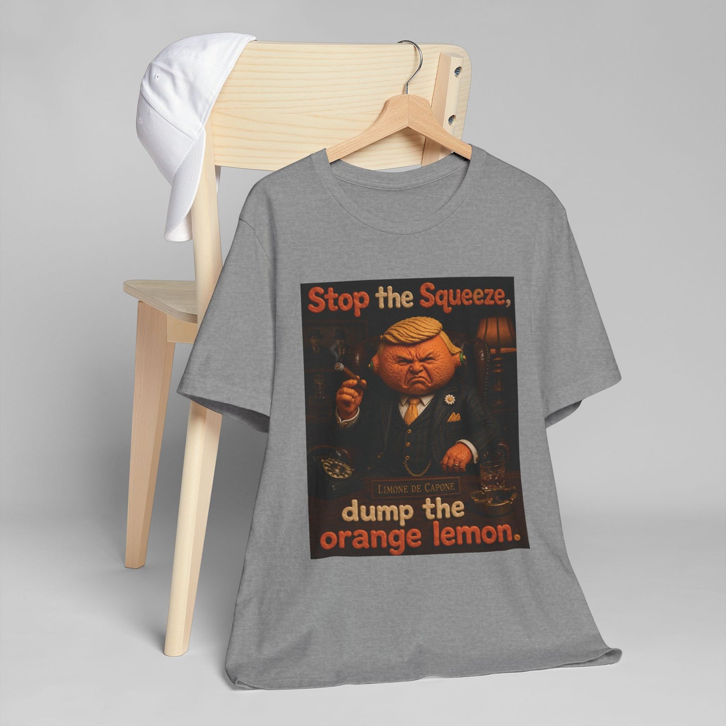 Political Protest T-Shirt — "Stop the Squeeze, dump the orange lemon."