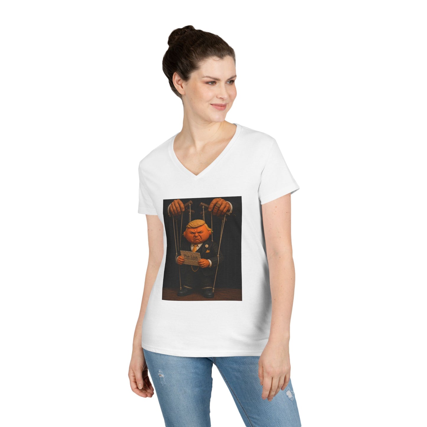 Ladies' V-Neck T-Shirt — Political Puppet Marionette Graphic Tee